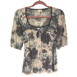 Daisy & Clover Mesh Blouse S Floral‎ Square Neck Sheer Short Sleeve Whimsical